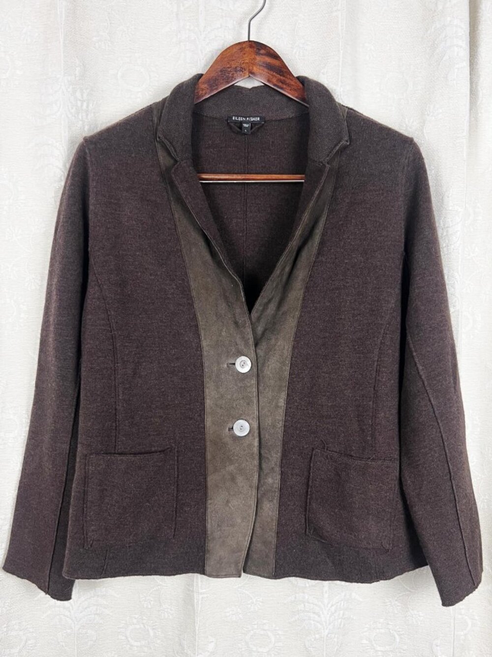 Eileen Fisher brown wool & lamb leather knit blazer fall jacket lagenlook boho L